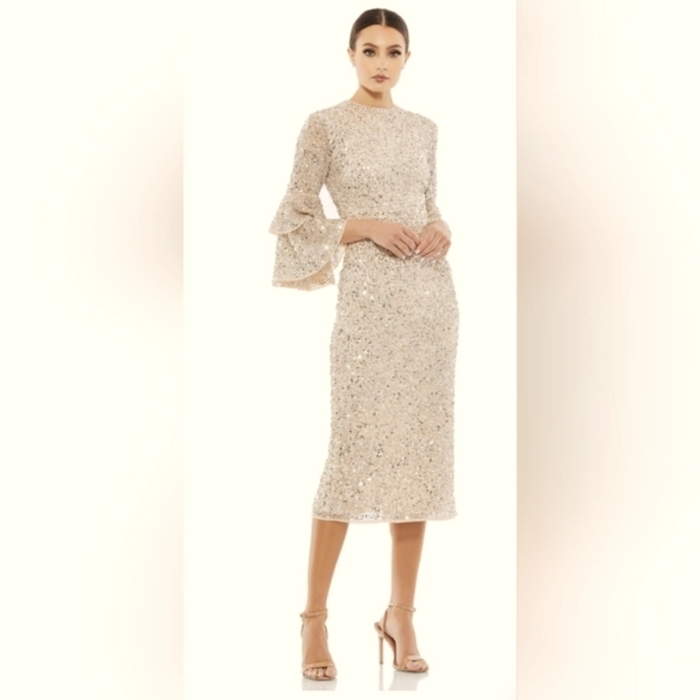 NWT! Mac Duggal, Fully Sequined Ruffle Tiered 3/4 Sleeve Midi Dress,Nude, SIZE 2